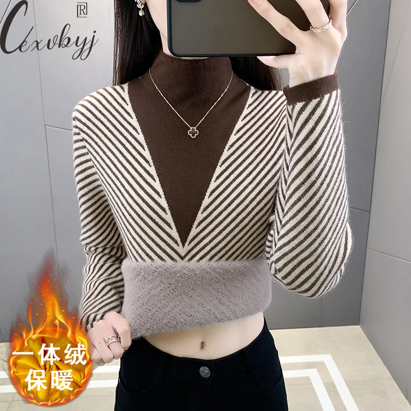 Women Stripe Thick Sweater Korean Fashion Long Sleeve Knitted Pullover Oversized Loose Half High Collar Knitwear Top Plus Velvet
Women Stripe Thick Sweater Korean Fashion Long Sleeve Knitted Pullover Oversized Loose Half High Collar Knitwear Top Plus Velvet