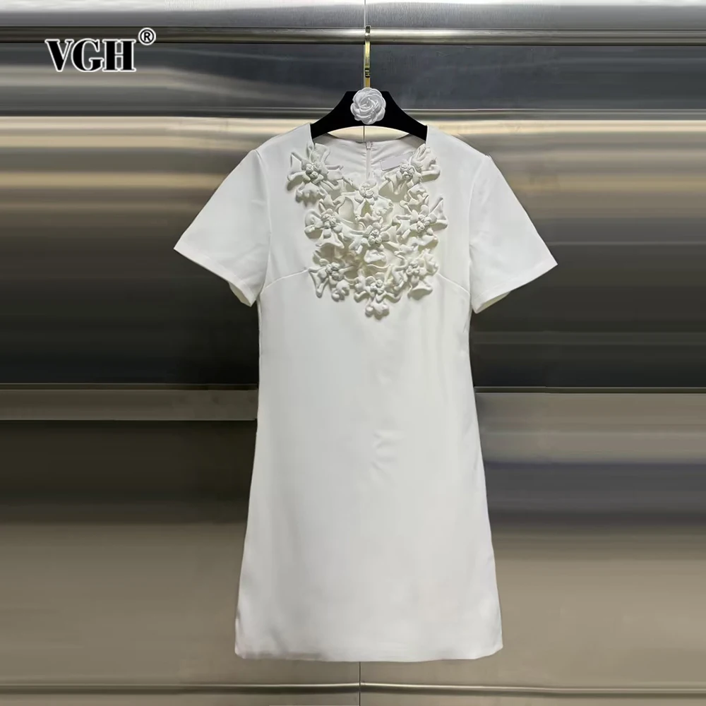

Женское ажурное мини-платье с аппликацией VGH, Повседневное платье с круглым вырезом, коротким рукавом и высокой талией в минималистичном стиле, Новинка
