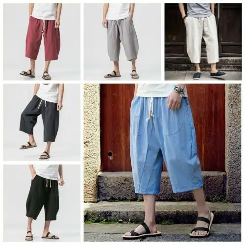 

Men Linen Cotton Capri Pants Plain Elastic Waist Casual Harem Loose Baggy Shorts