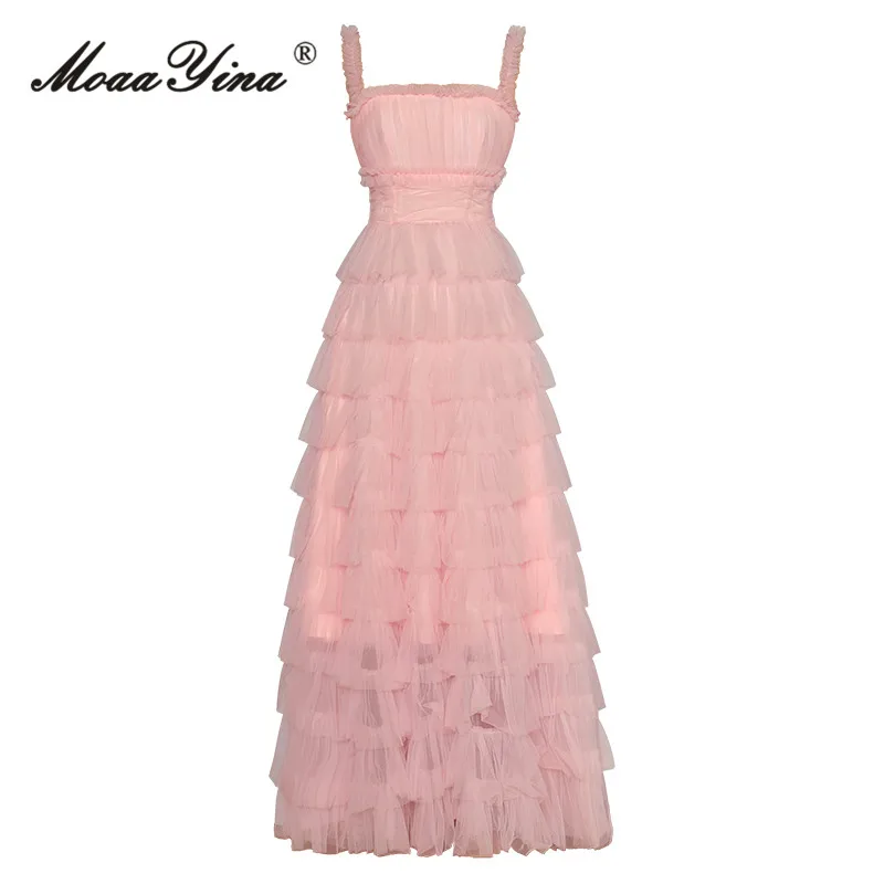 MoaaYina Fashion Designer Summer Sling Mesh Dress Women Slash Neck Sleeveless Backless Cascading Ruffle Pink Princess Long Dress 
MoaaYina Fashion Designer Summer Sling Mesh Dress Women Slash Neck Sleeveless Backless Cascading Ruffle Pink Princess Long Dress