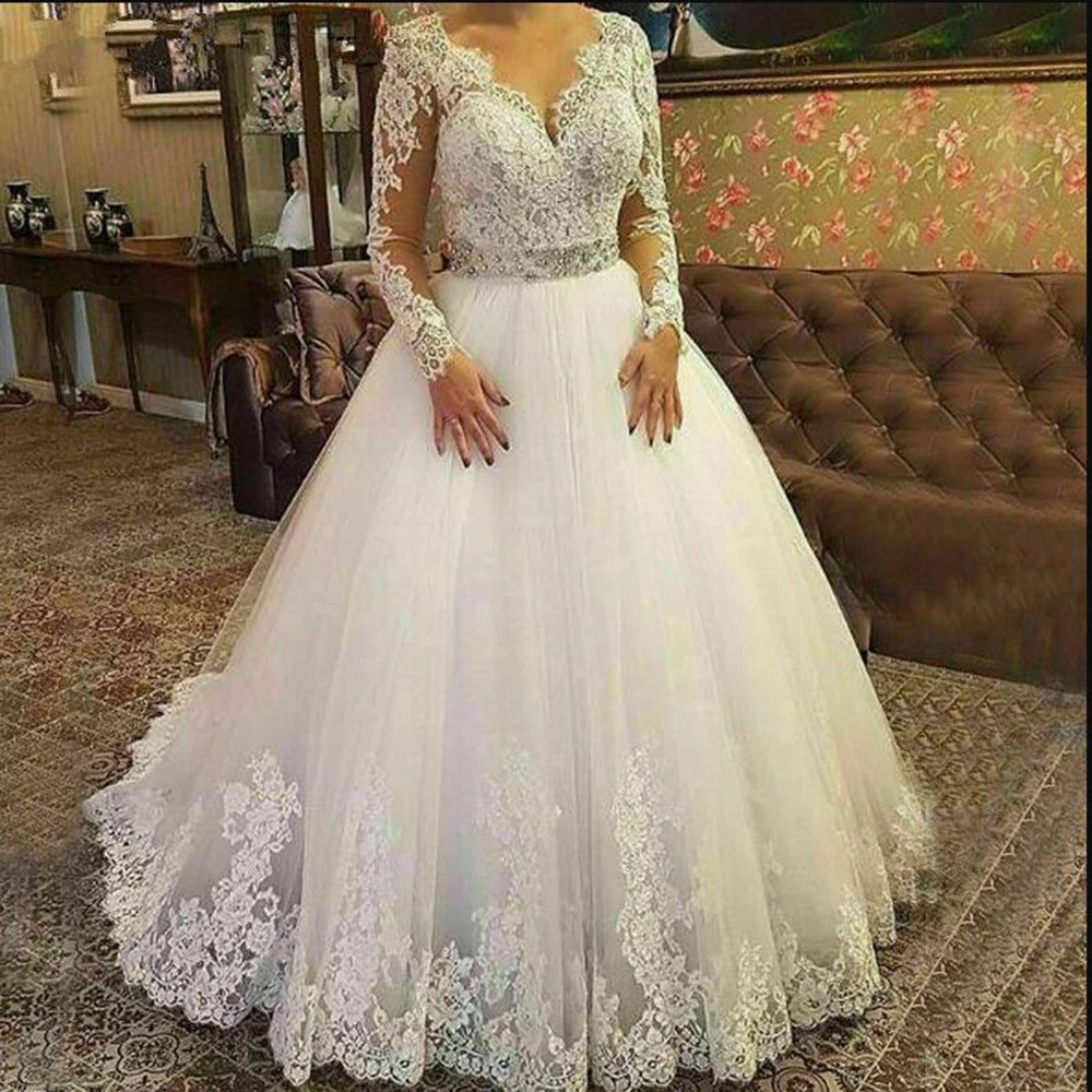 

Gorgeous A Line Wedding Dresses V Neck Crystals Beading Gowns Lace Appliques Bride Marriage Women Formal Party Banquet Clothing