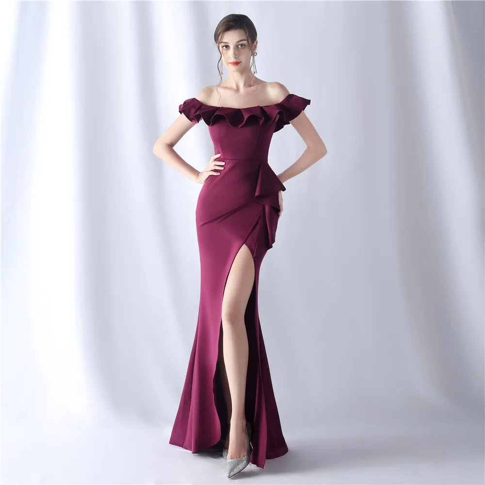 

Dark Purple Ruffle Collar Long Evening Dress Burgundy Off Shoulder Prom Dress With Side Slit For Women Party Wedding Ball Gown