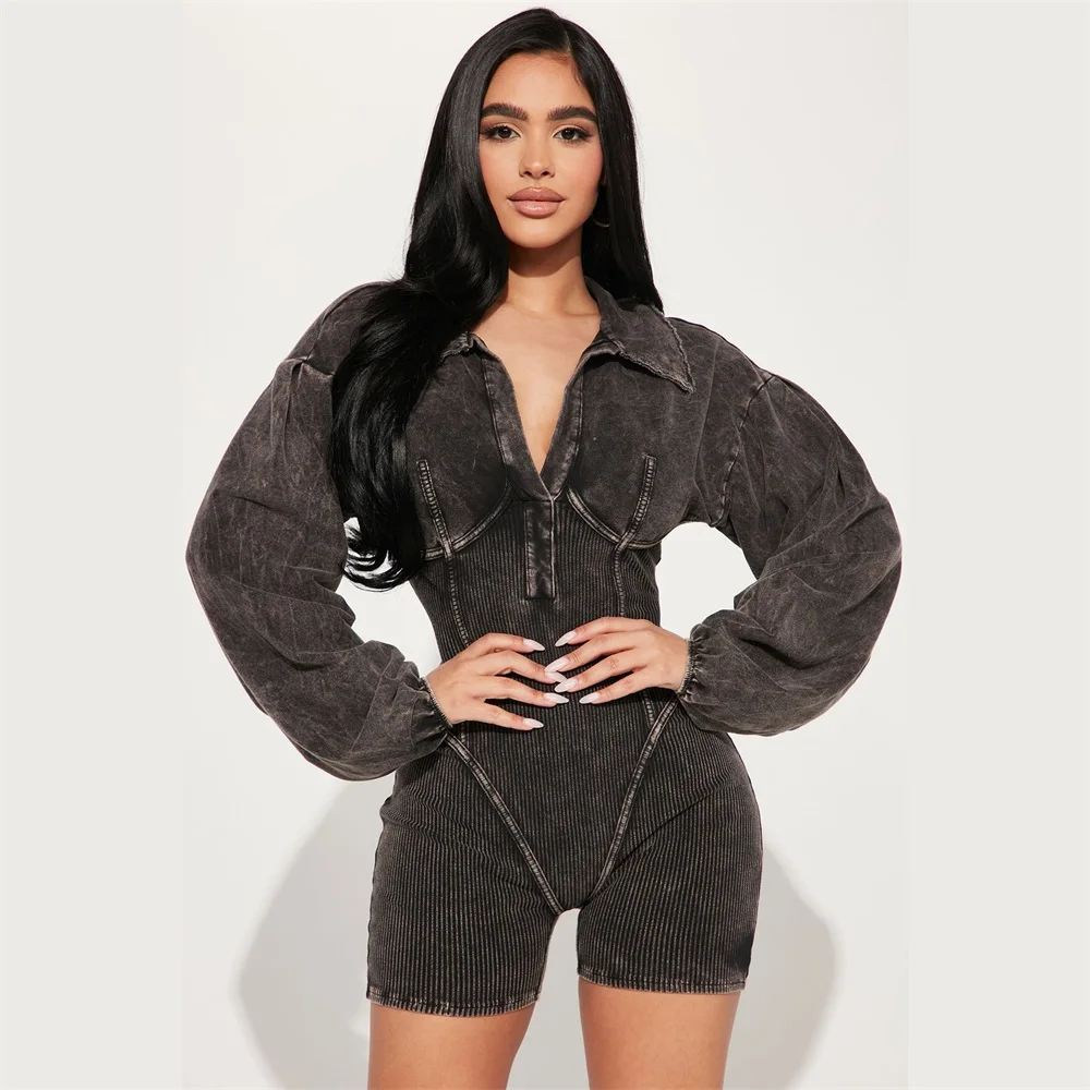 

2024 Solid Color Slim Fit One Piece Playsuits Women Clothes long sleeve V- Neck Bodysuit Seamless Ribbed Sport Short Jumpsuits