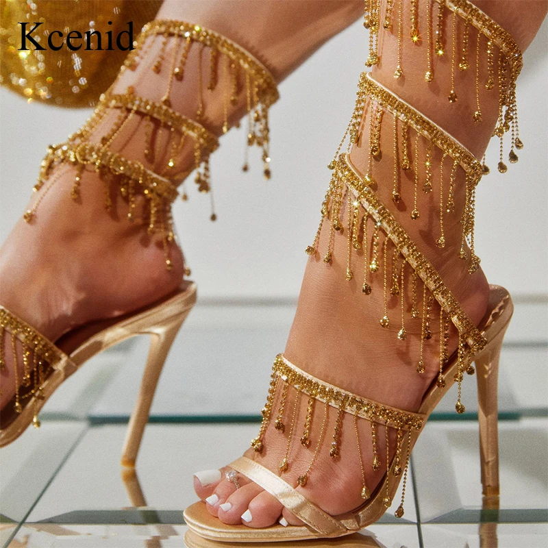 

Kcenid Gold Shoes Women Wedding Banquet Shoes Fashion Crystal Tassel Twining Stiletto Sandals Sexy Open Toe High Heels Pumps
