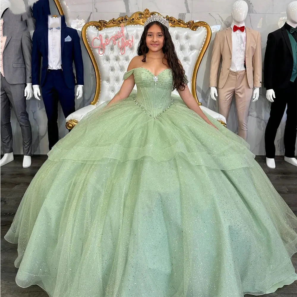 Glittering Mint Green Beading Crystal Ruffles Ball Gown Quinceanera Dresses Off The Shoulder Big Bow Pleat Vestido De 15 Anos
Glittering Mint Green Beading Crystal Ruffles Ball Gown Quinceanera Dresses Off The Shoulder Big Bow Pleat Vestido De 15 Anos