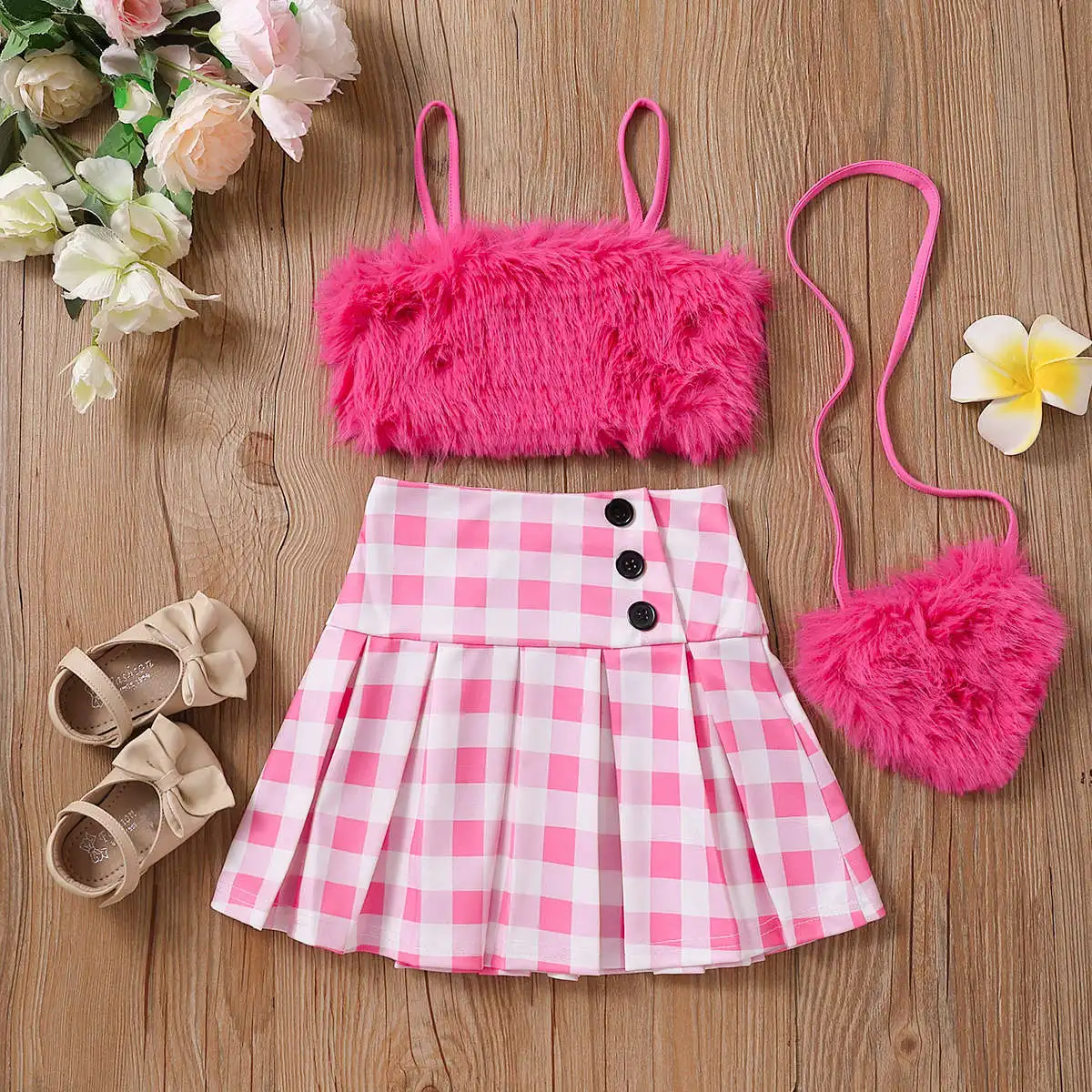 

LILIGIRL 2-8Y Children Kids Baby Girls Clothes Sets Toddler Outfits Summer Plush Vest Tops Plaid Ruffle Skirts Crossbody Baby