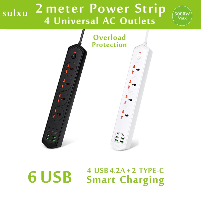 

Overload Protection Universal 4AC Outlets, Multiple USB power socket with 2 Type-C Charging, 2-meter cable Expansion power strip