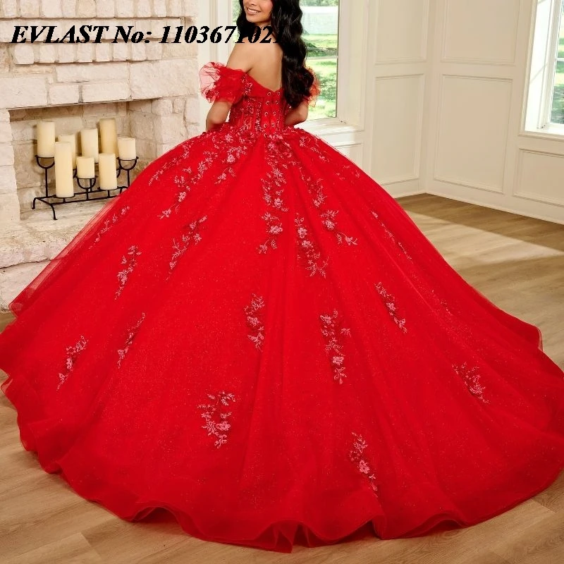 

EVLAST Princess Red Quinceanera Dress Ball Gown 3D Floral Applique Beaded Crystals Mexico Sweet 16 Vestidos De XV 15 Anos SQ106