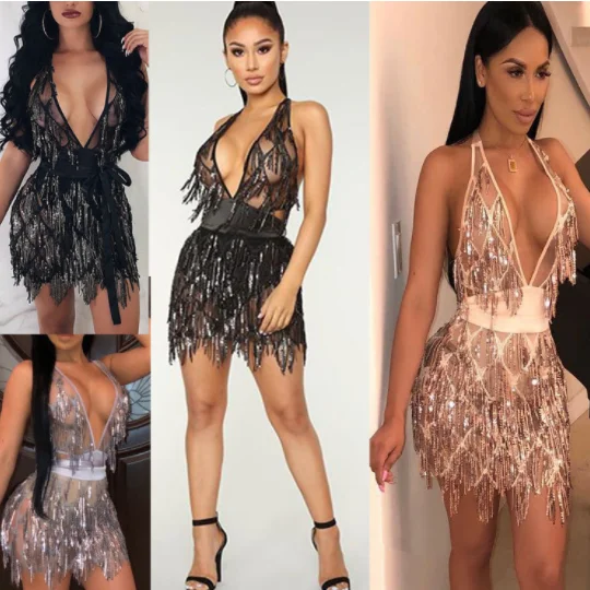 

Nightclub Sparkle Backless Tassel Sequins Bodycon Dress Women Deep V Neck Robe Bandage Chirstmas Party Dresses Birthday Outfits