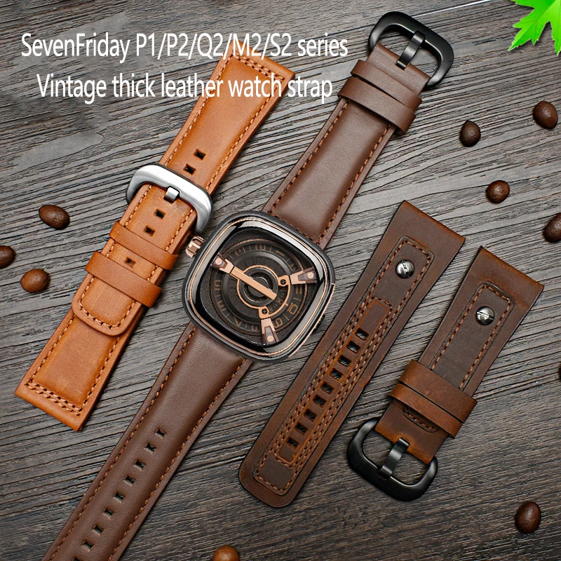 

For Seven Friday P1/2 Q2/03/M2/M021 T2 Genuine Leather Watchband Vintage Diesel Large Size Men Metal Riveted strap 28mm Bracelet
