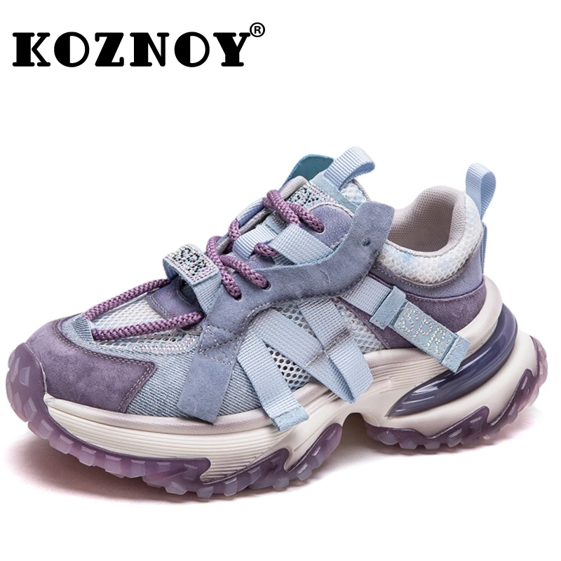 

Koznoy 5cm Air Mesh Pigskin Suede Genuine Leather Mixed Color Platform Wedge Summer Vulcanize Chunky Sneaker Women Boots Shoes