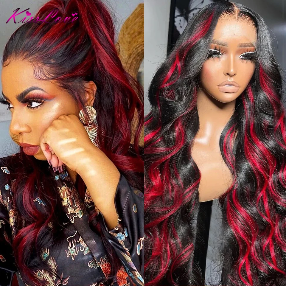 

1B/99J Burgundy Transparent Lace Front Human Hair Wig Red Highlight 13x4 Pre Plucked Colored Body Wave 13x6 HD Lace Frontal Wigs