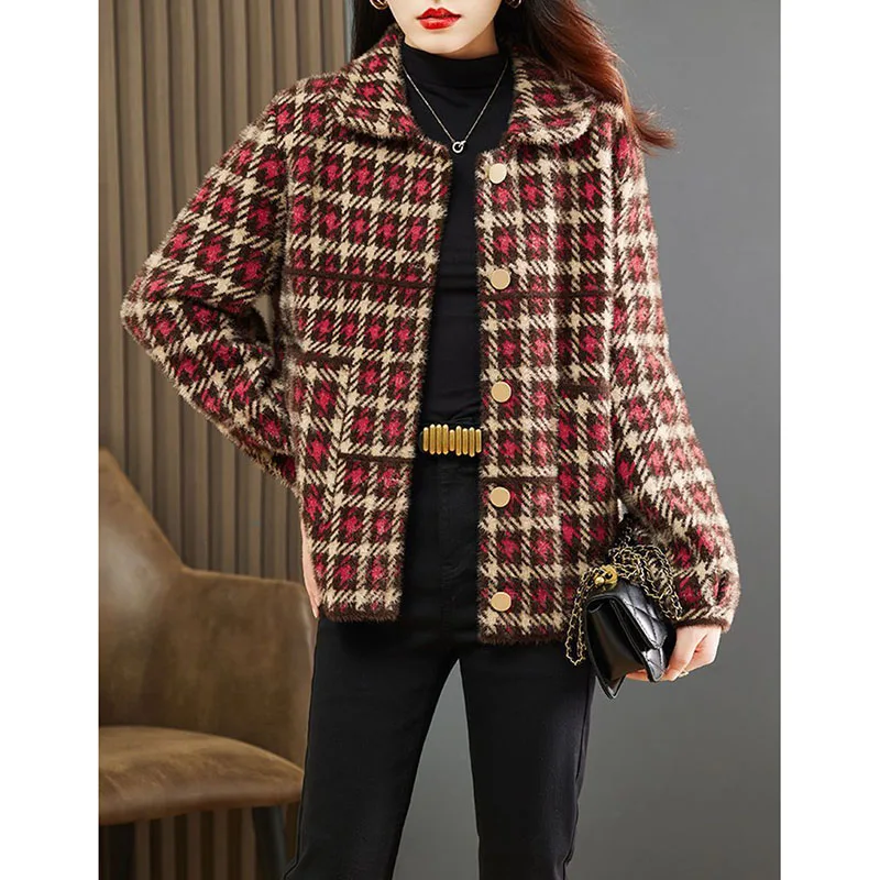 

Imitation Mink Velvet Sweater Women Short Coat New Spring Autumn Style Fashion Plaid Knitted Cardigan Female Woolen Coat Jacket