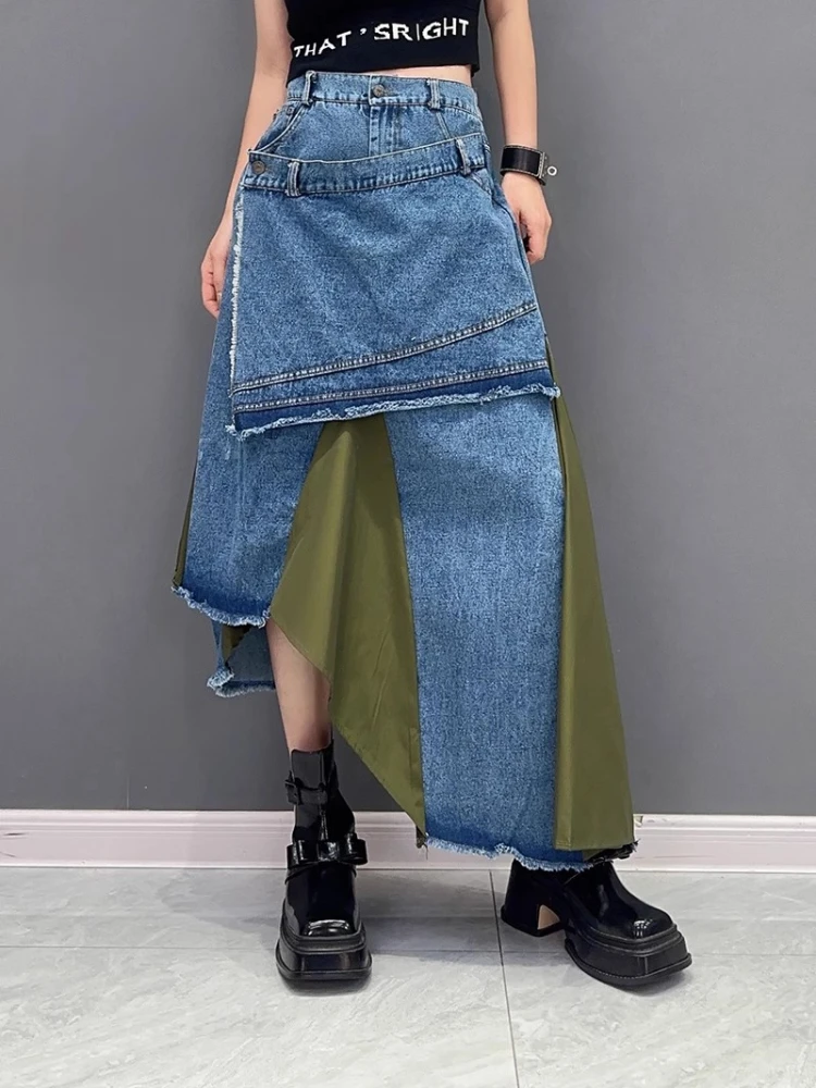 

2024 Korean High Waisted Denim Skirt Women's Summer Irregular Patchwork Elastic A-Line Slim Fit Street Casual Mid Length Dress