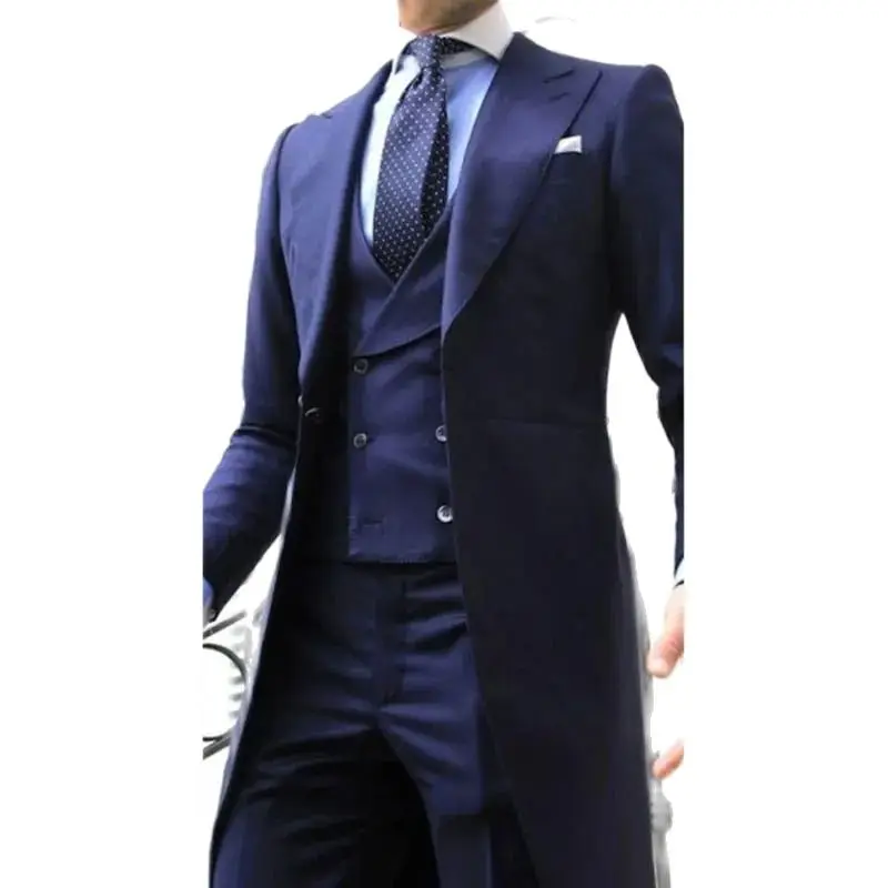 Navy Blue Suits for Men Peaked Lapel Long Tail Coat With Vest Pant Wedding Evening Party Gentlemen Tuxedos Custom Male Clothing
Navy Blue Suits for Men Peaked Lapel Long Tail Coat With Vest Pant Wedding Evening Party Gentlemen Tuxedos Custom Male Clothing