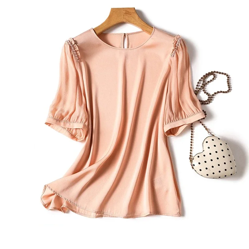 

Satin Casual Women's T-shirts Summer New Solid Colours Tees Short Sleeves Loose Women Tops Silk O-neck Clothing YCMYUNYAN