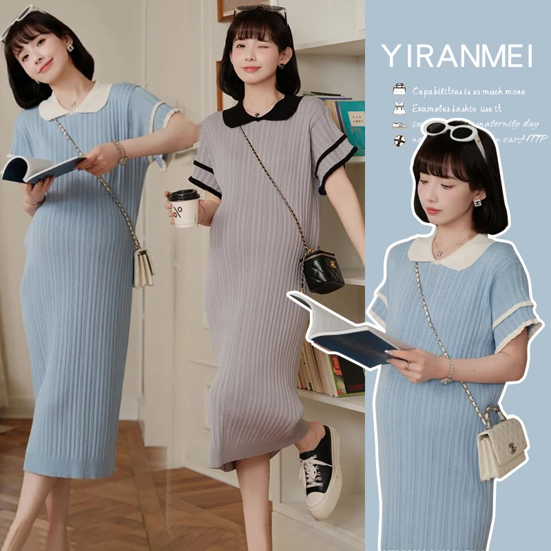 Korean Style Summer Maternity Pleated Dress Block Color Peter Pan Collar Short Sleeve Pregnant Woman Midi Dress Pregnancy Dress 26 S8f9e382139454e6381a2542a4a00596fp