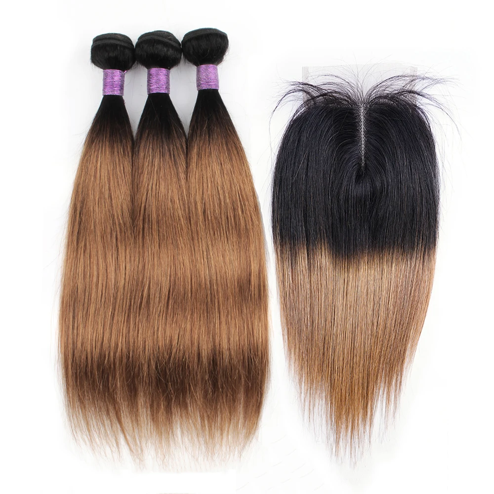 

1B 27/30 Brown Color Straight 3 Human Hair Bundles With 4x1 T Part Lace Closure Indian Remy Hair Extensions 200g/Set Almac