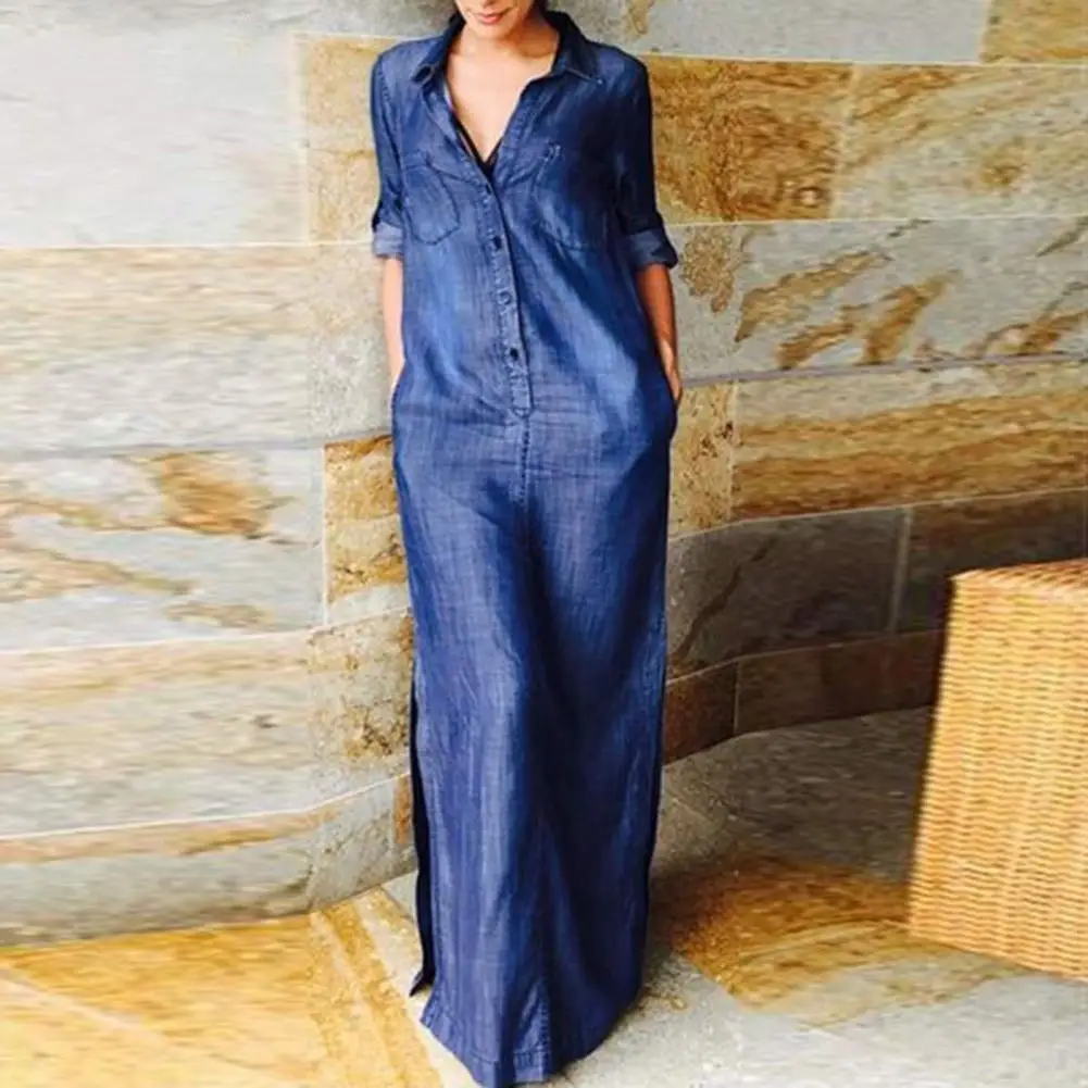 Long Sleeve Denim Dress Women A-line Denim Dress Bohemian Maxi Dress with Denim Turn-down Collar Split Hem for Fall Spring
Long Sleeve Denim Dress Women A-line Denim Dress Bohemian Maxi Dress with Denim Turn-down Collar Split Hem for Fall Spring