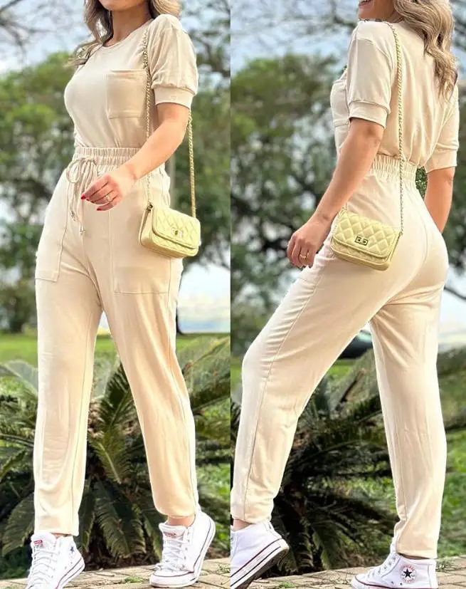 Топ с коротким рукавом и брюки на шнуровке с карманами, новинка 2023, лидер продаж, Модный женский комплект с круглым вырезом
Топ с коротким рукавом и брюки на шнуровке с карманами, новинка 2023, лидер продаж, Модный женский комплект с круглым вырезом