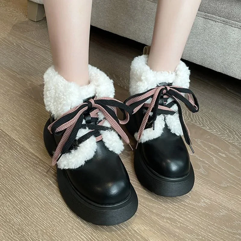 

Женские ботильоны на меху для снежной погоды, теплая обувь на плоской платформе из хлопка, дизайнерские брендовые ботинки на шнуровке, зимние короткие плюшевые ботинки, 2024