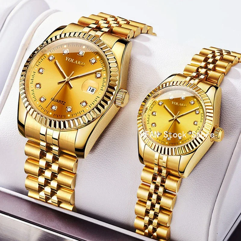 

Couple's Watch for Women Men rhinestone Stainless Steel Calendar Lover Simple Leisure Fashion Gold Clock Wristwatch Relogio