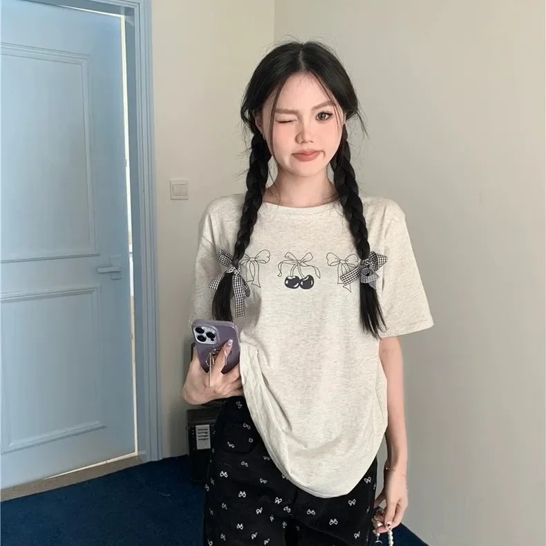 100 pure cotton cherry print round neck short-sleeved T-shirt for women summer Korean style new casual loose versatile ins top
100 pure cotton cherry print round neck short-sleeved T-shirt for women summer Korean style new casual loose versatile ins top