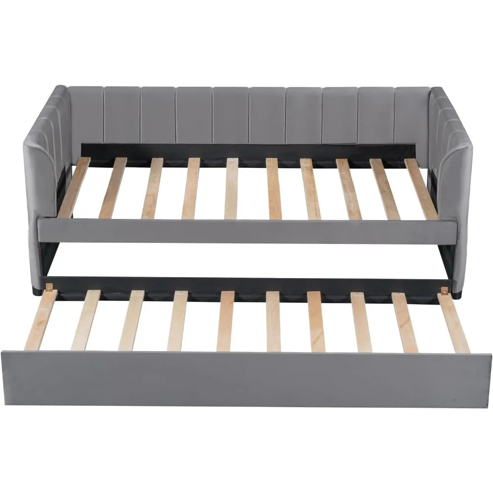 Twin Size Velvet Upholstered Daybed with Ergonomic Design Backrest and Trundle,Wood Platform Bed w/Stripe Shaped Headboard,for B Twin Size Velvet Upholstered Daybed with Ergonomic Design Backrest and Trundle,Wood Platform Bed w/Stripe Shaped Headboard,for B
