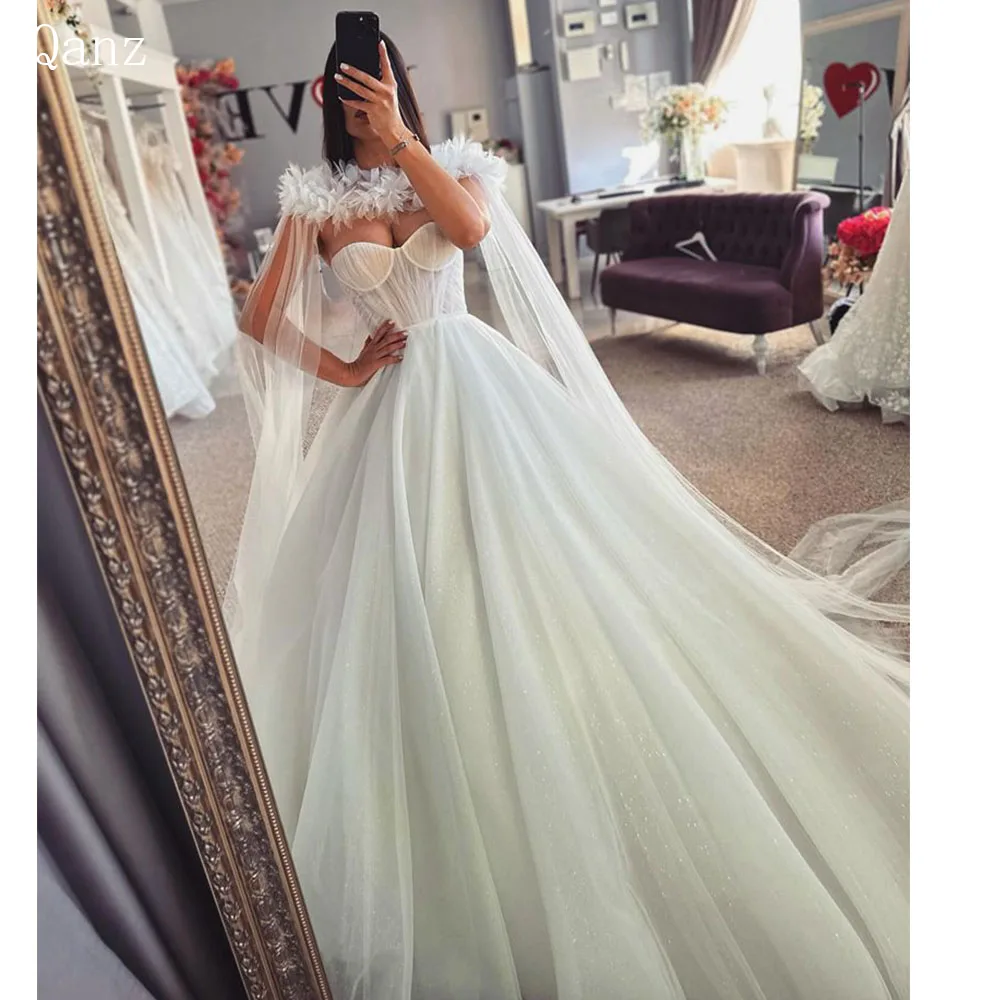 

Qanz Classic Sweetheart Ball Gown Wedding Dress 2024 Tulle Pleat With Long Cape Boho Princess Bridal Gown Vestido De Casamento