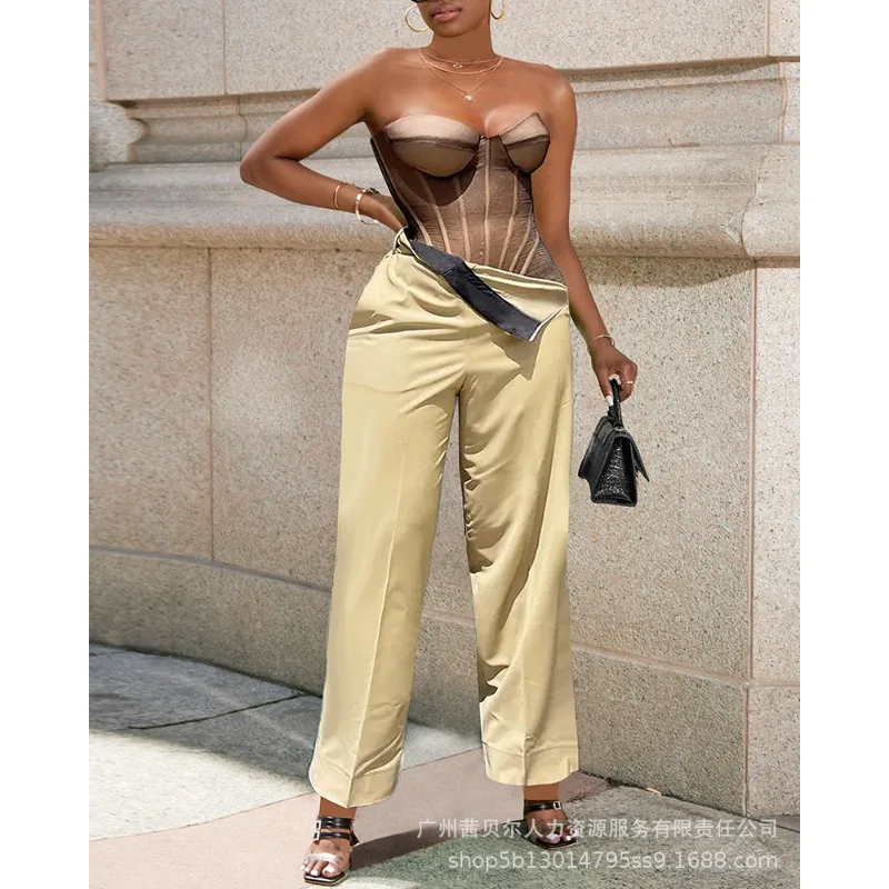 

2023 All Season New Women's Clothing Khaki Trousers Asymmetric Flanging Design Commuting Straight-Leg Pants