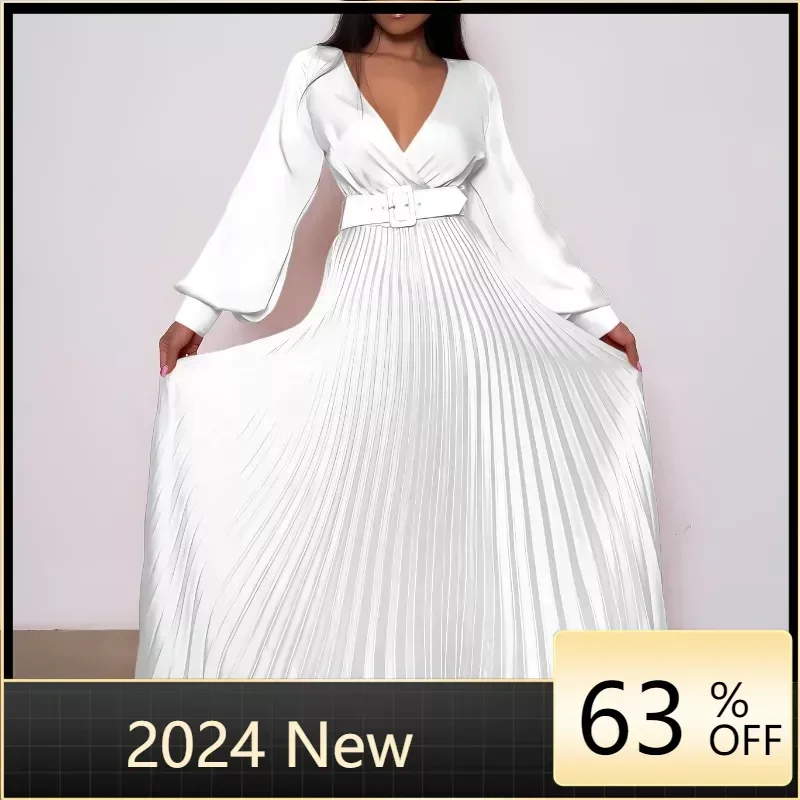 

Pleated Maxi Robe Femme African V-neck Dresses for Women 2024 Autumn Long Sleeve Dress Traditional Nigeria Abaya Muslim Clothing