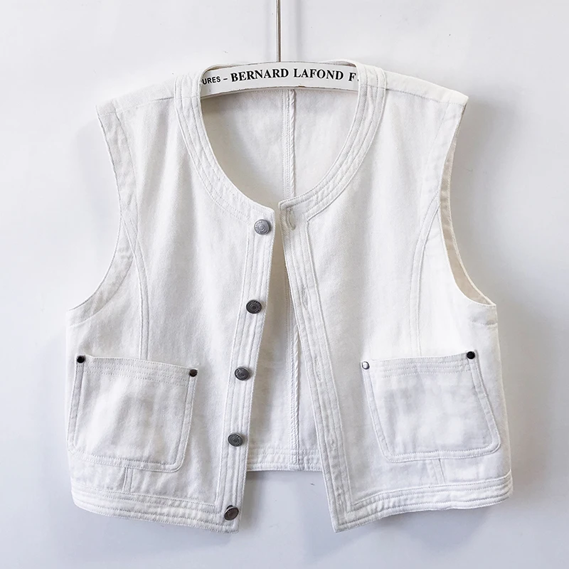 White O Neck Big Pocket Denim Vest Women Slim Short Cowboy Waistcoat Spring Korean Fashion Sleeveless Jeans Jacket Coat Female
White O Neck Big Pocket Denim Vest Women Slim Short Cowboy Waistcoat Spring Korean Fashion Sleeveless Jeans Jacket Coat Female
