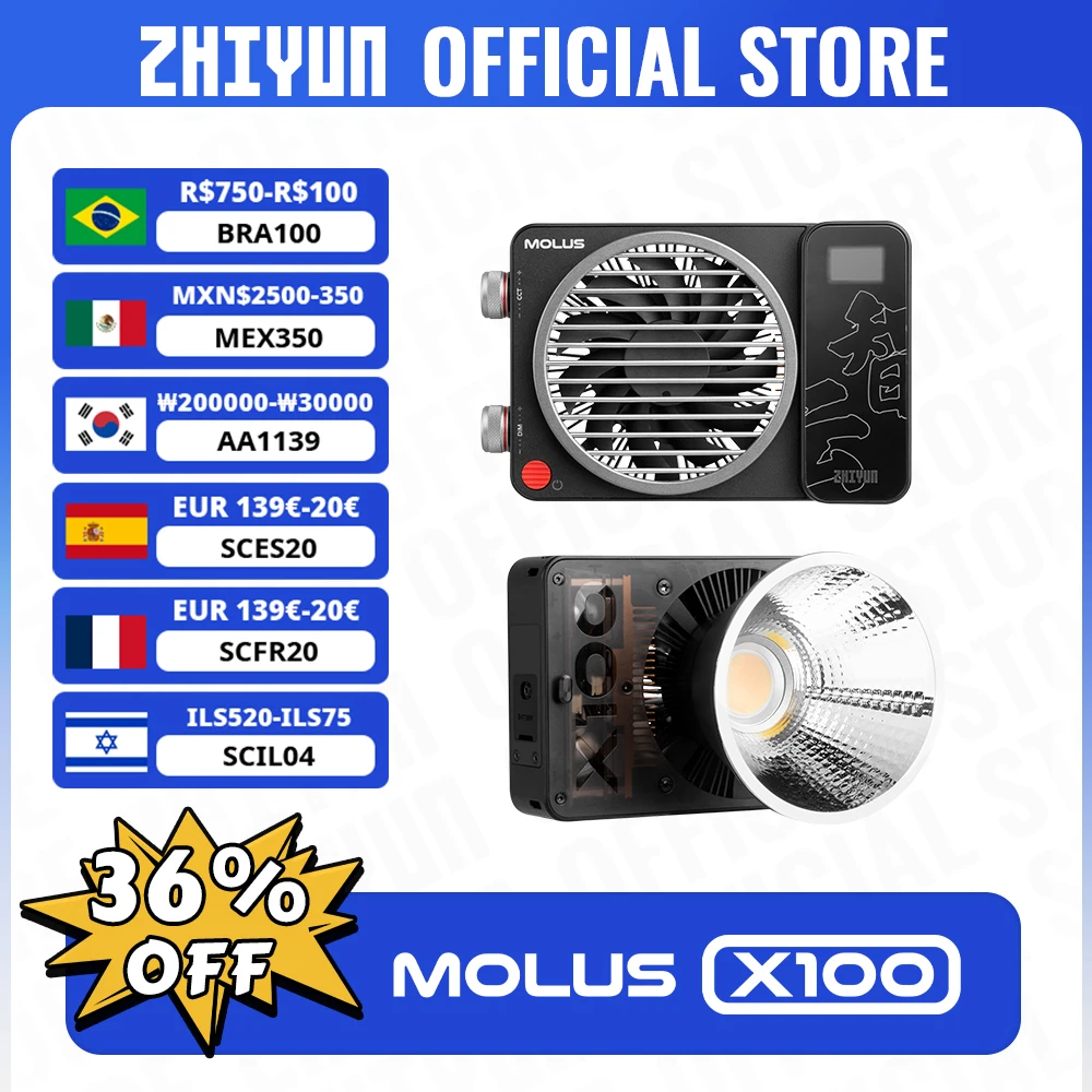 ZHIYUN официальный MOLUS X100 100 Вт COB светодиодный светильник фото/видео съемка светильник Профессиональная фотография Освещение портативный карманный светильник
ZHIYUN официальный MOLUS X100 100 Вт COB светодиодный светильник фото/видео съемка светильник Профессиональная фотография Освещение портативный карманный светильник