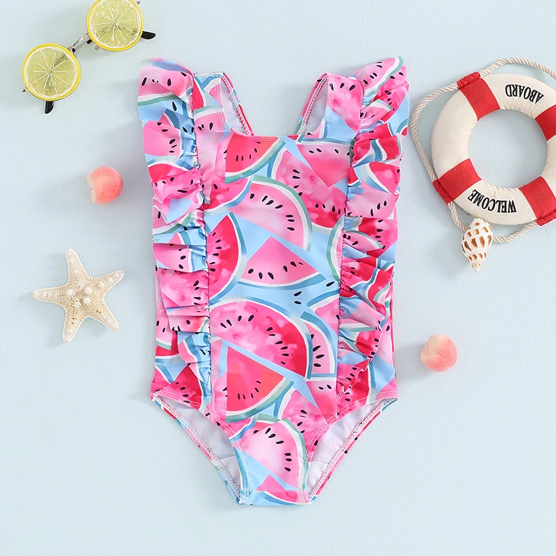 

Tregren Kids Girls Swimwear Summer Watermelon Print Ruffle Sleeeveless Monokini Swimsuits for Toddler Bathing Suits Beachwear