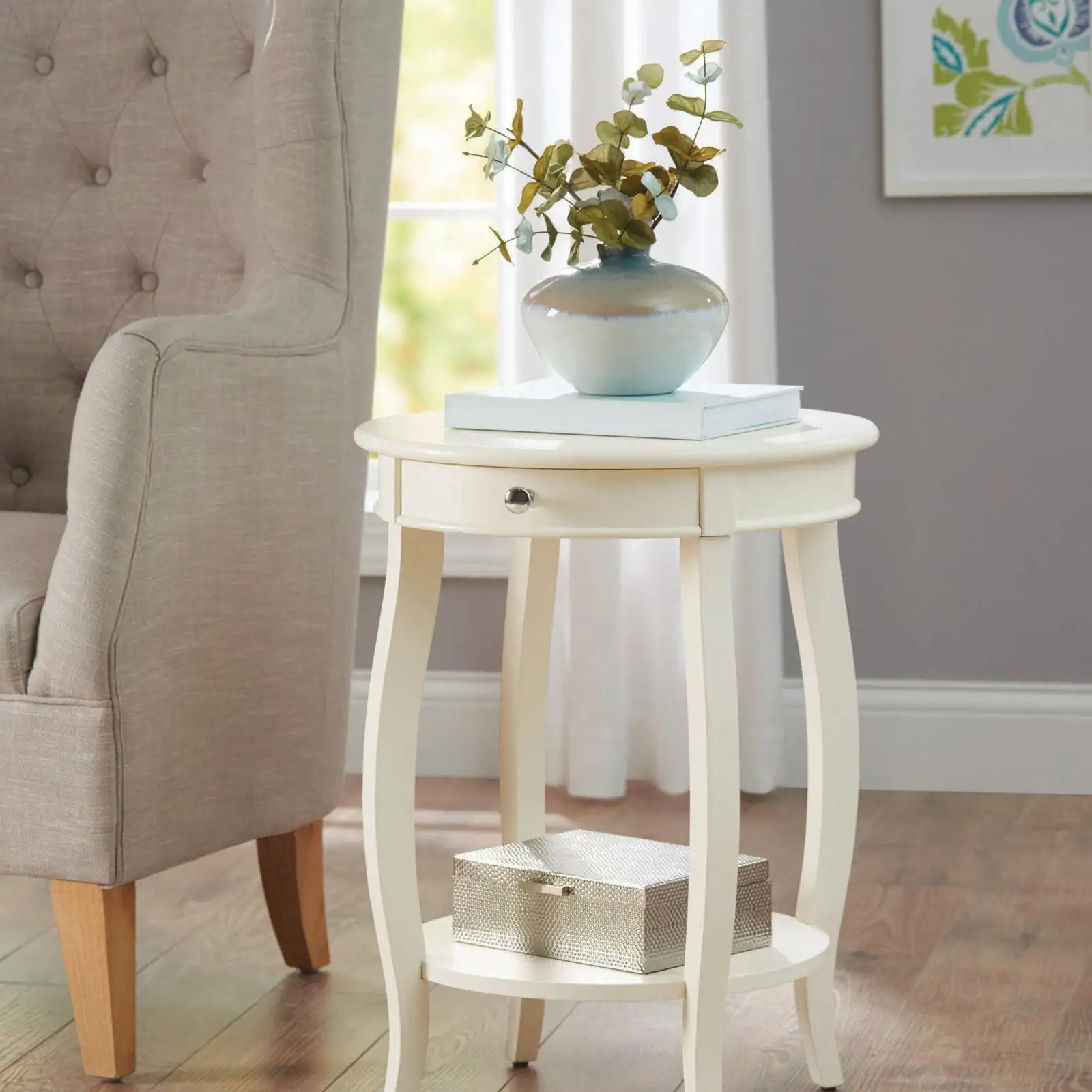 

Better Homes & Gardens Round Accent Table with Drawer, Ivory