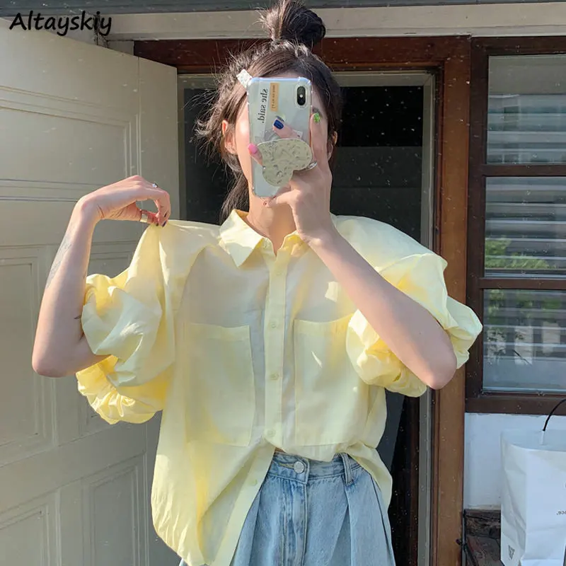 S-3XL Shirts for Women Solid Simple Chemise Femme Sweet Puff Sleeve Korean Style Fashion Summer College Basic All-match Casual
S-3XL Shirts for Women Solid Simple Chemise Femme Sweet Puff Sleeve Korean Style Fashion Summer College Basic All-match Casual