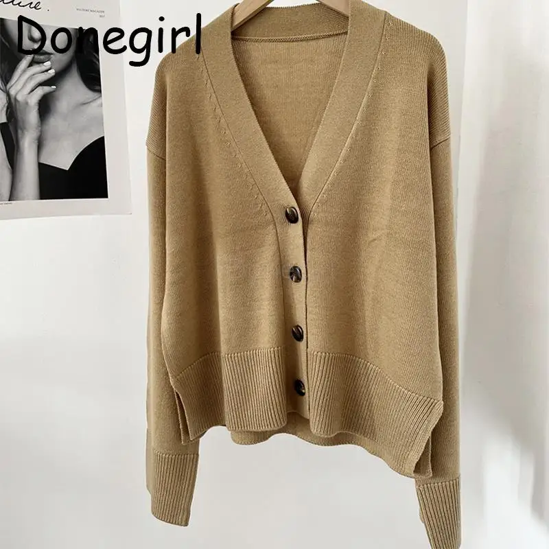 

Donegirl 2023 New Autumn New Women Long Sleeve V-neck Loose Knitted Sweater Coat Solid Simple Commute Cardigans Tops Chic Female