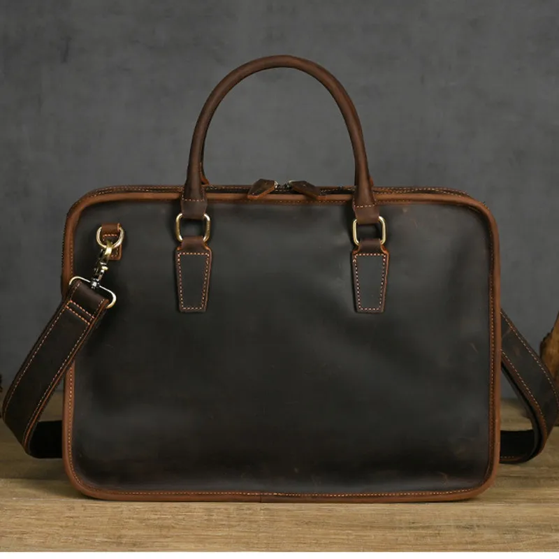 

Vintage Men's Leather Handbag Leisure Mad Horse Leather Horizontal Style 14" Laptop Bag Head Layer Cowhide Satchel Briefcase