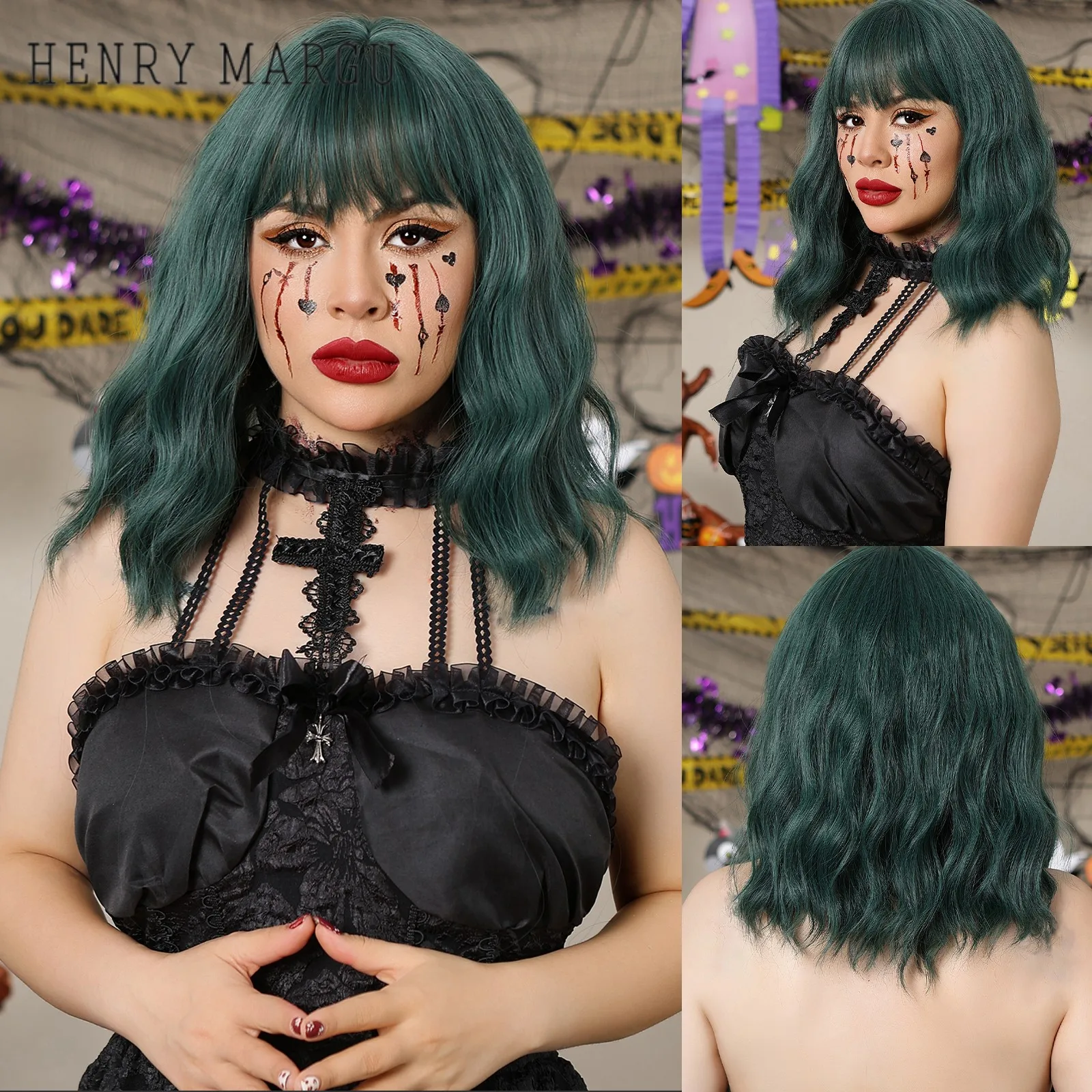 

HENRY MARGU Green Highlight Synthetic Natural Wigs Short Wavy Bobo Hair Wigs for Women with Bangs Heat Resistant Daily Lolita