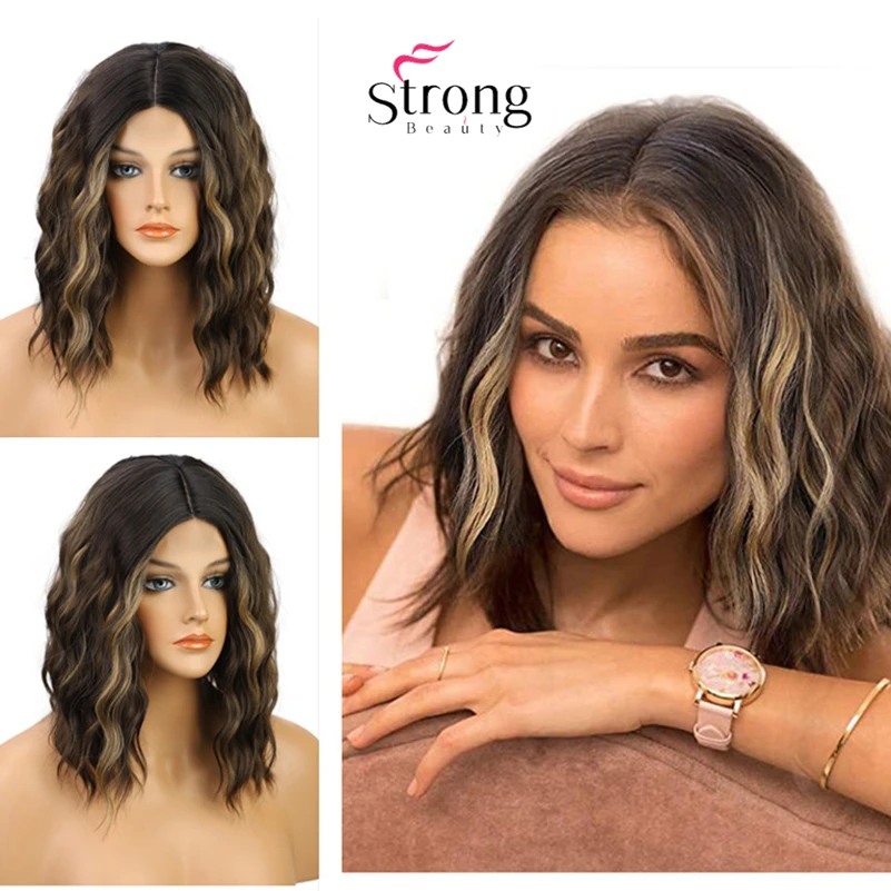 

StrongBeauty Short Brown with Blonde Highlights Wavy Heat Ok Full Synthetic Wig COLOUR CHOICES