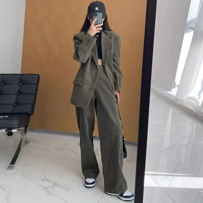 

Insozkdg Spring Autumn British Style Corduroy Suit Jacket Wide-leg Pants Suit Vintage Casual Loose Blazer Pants Two-piece Sets