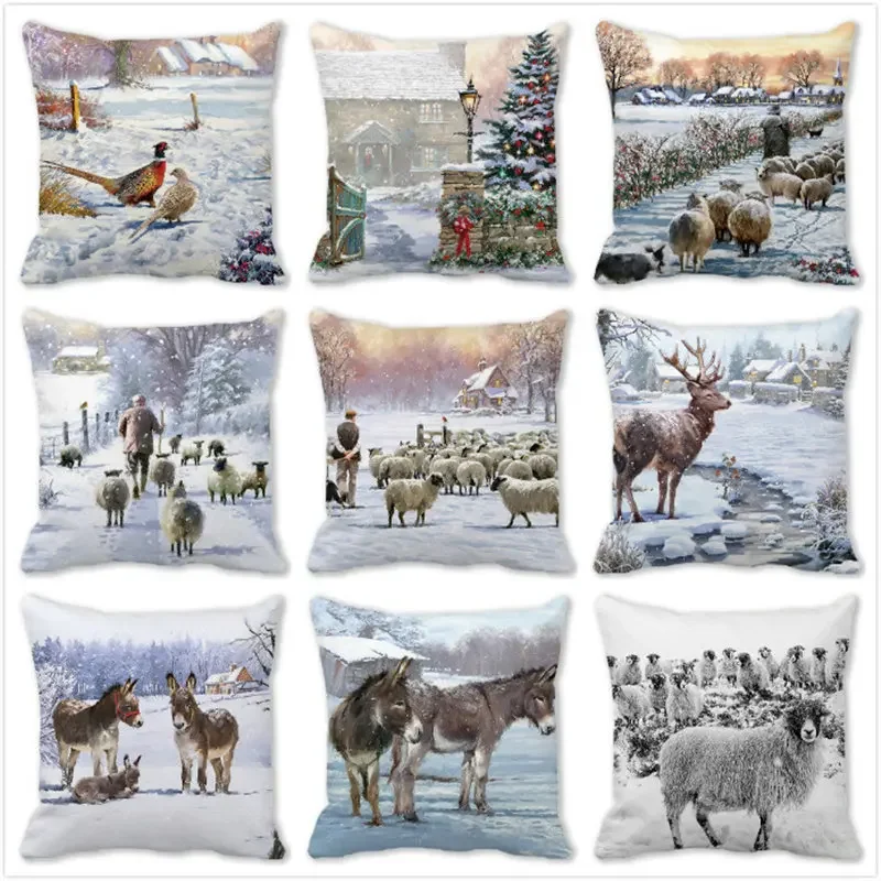 

Christmas Pillowcase Printed Sheep Elk Animal Donkey Navidad Cushion Cover Merry New Year Gift Customizable