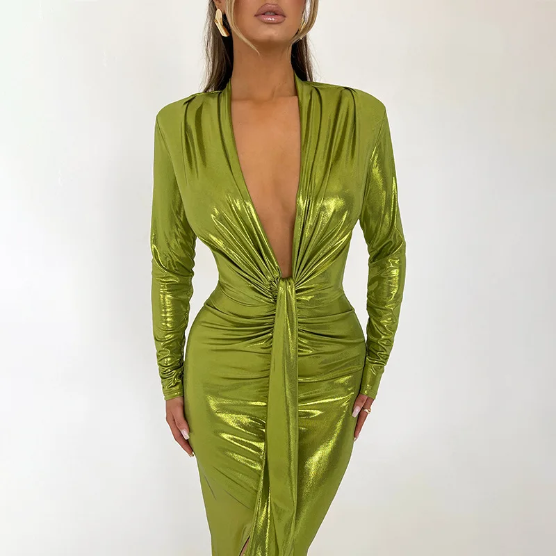 

Hottest Sexy Deep V Neck Women PU Dress Autumn Newest Long Sleeves Front Split Bright Charming Party Dresses for Ladies