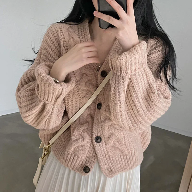 

Twisted Knitted Cardigan Women Lazy Style Loose Single Breasted Sweater Coat Ladies Winter Simple Casual V Neck Cardigans