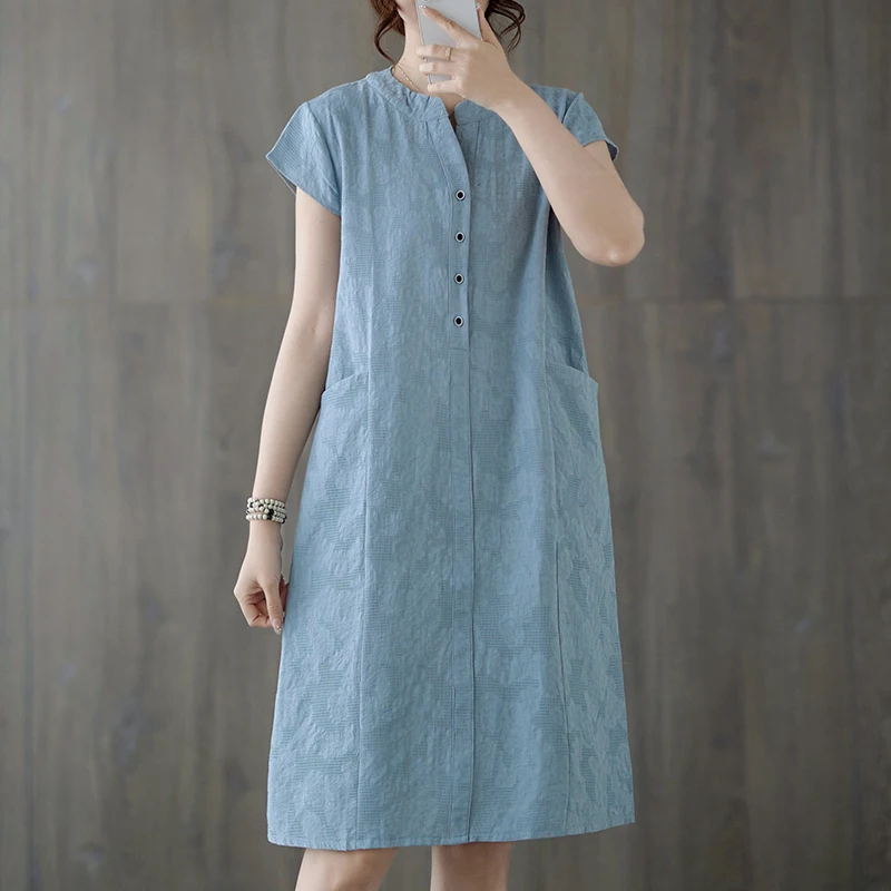 

Женское хлопковое жаккардовое платье, свободное винтажное платье с коротким рукавом и V-образным вырезом, облегающее Повседневное платье для работы, лето 2024