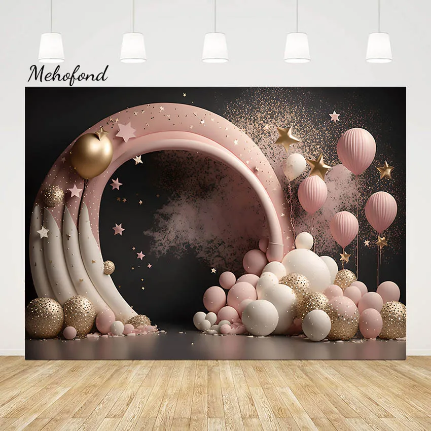 

Mehofond Baby 1st Birthday Starry Sky Backdrop Photography Party Pink Star Balloons Gold Glitter Decor Photo Background Studio