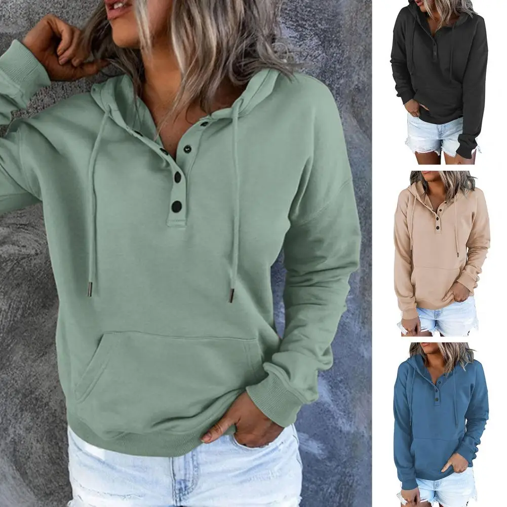 

Pullover Hoodie Cozy Drawstring Hoodie with Big Pocket Button Detail for Women Soft Warm Pullover with Elastic Cuff Fall Winter