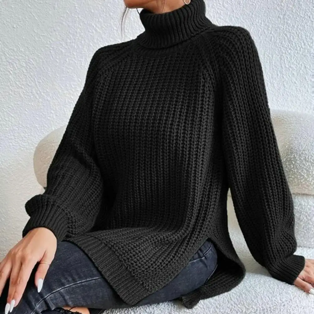 

Turtleneck Raglan Long Sleeves Knitwear Side Split Hem Women Sweater Winter Solid Color Loose Warm Sweater Jumper