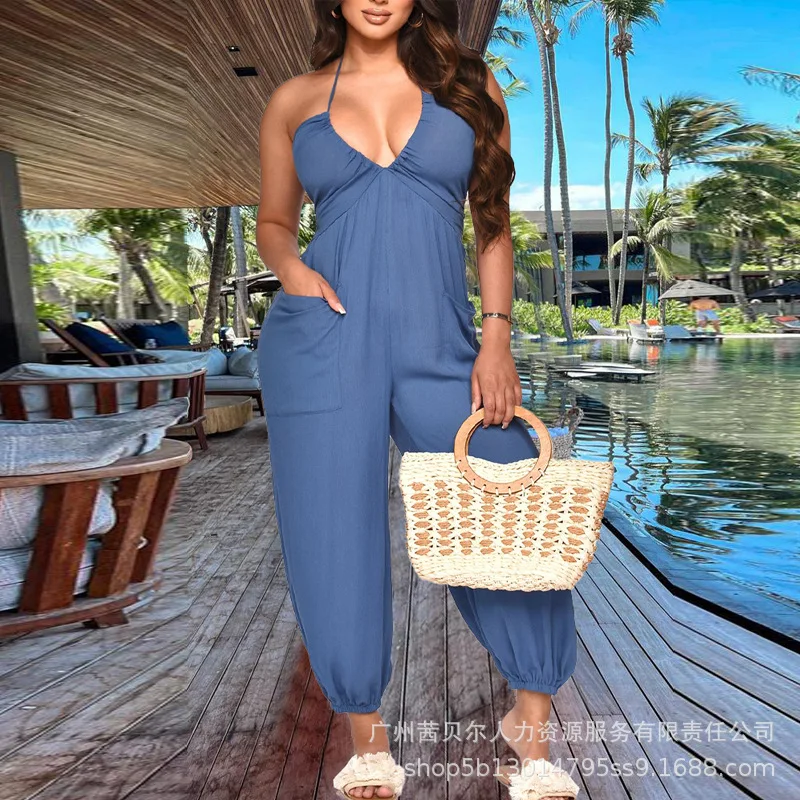 Wepbel Casual Straight Pants Jumpsuits Women V-neck Halter Solid Color Jumpsuit Solid Color Pockets Summer Beach Wear Jumpsuits
Wepbel Casual Straight Pants Jumpsuits Women V-neck Halter Solid Color Jumpsuit Solid Color Pockets Summer Beach Wear Jumpsuits