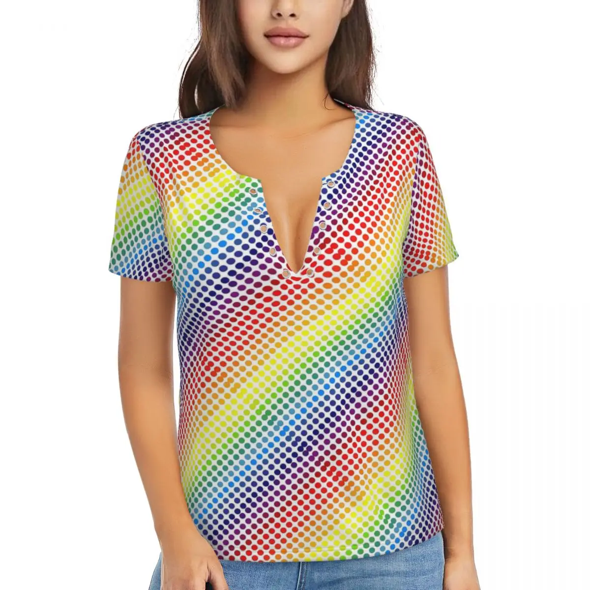 Rainbow Polka Dot T Shirts Colorful Print Fashion Deep V Neck T Shirt Short-Sleeve Elegant Oversized Tee Shirt Summer Clothes
Rainbow Polka Dot T Shirts Colorful Print Fashion Deep V Neck T Shirt Short-Sleeve Elegant Oversized Tee Shirt Summer Clothes